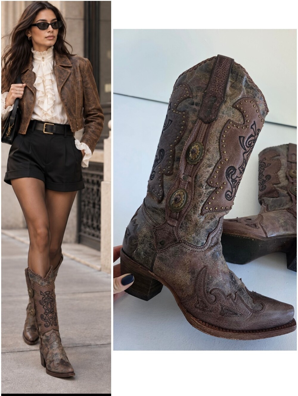 Corral Y2K Distressed Leather Studded Concho Cowboy Boots 9 M